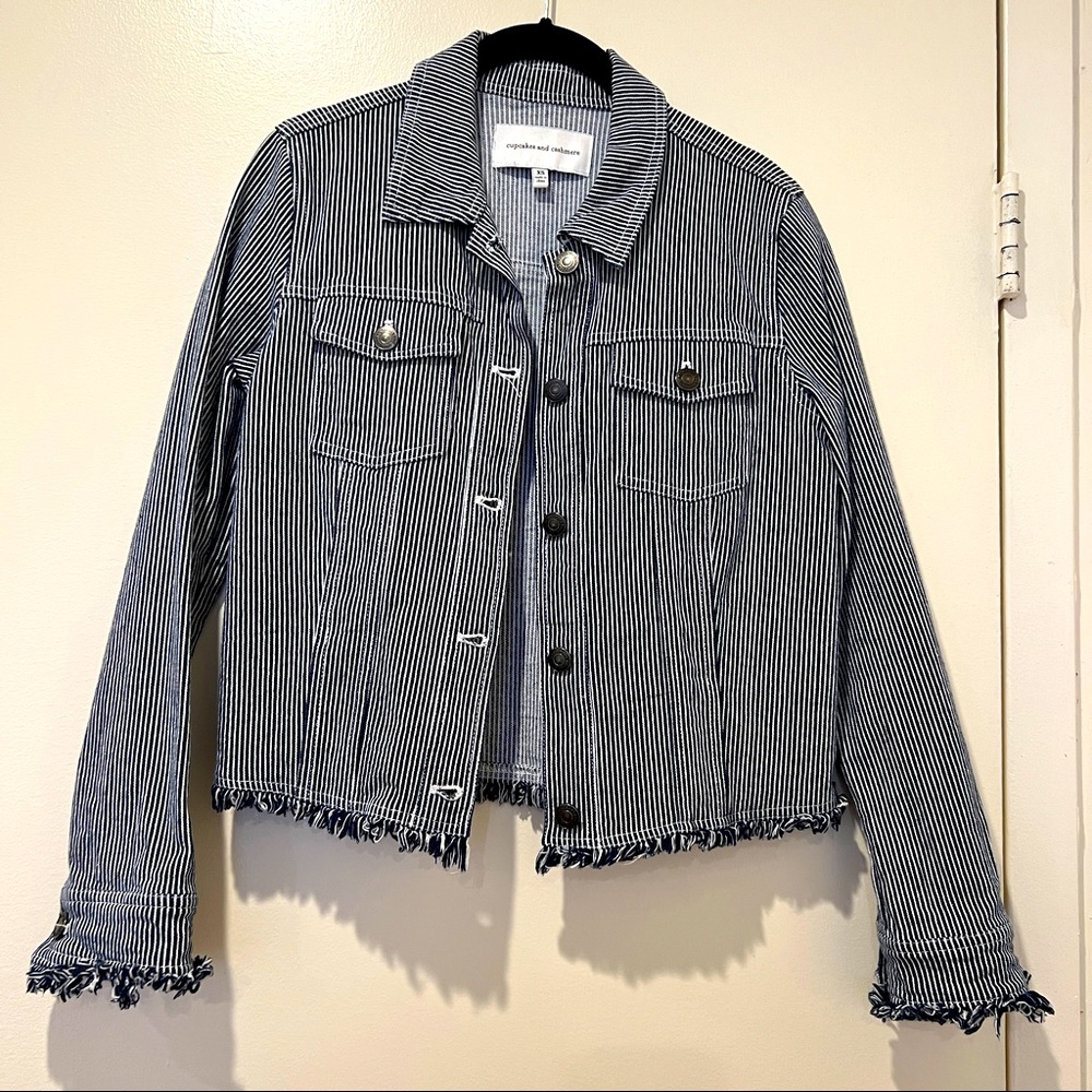 cupcakes & cashmere Navy and White Striped Jean Jacket